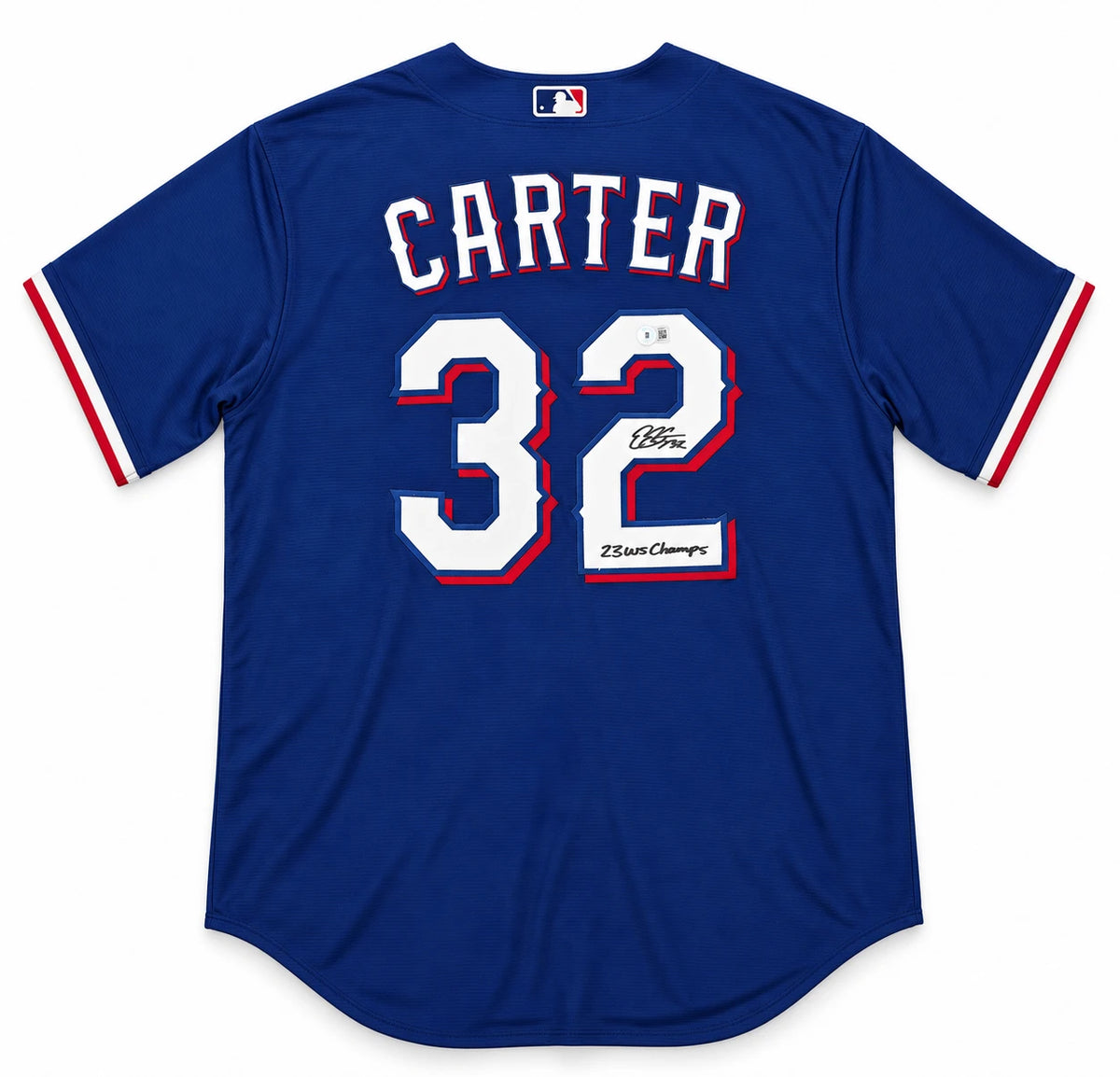 Evan Carter Autographed Texas Rangers Blue Nike Jersey Size XL 23 WS Champs | BAS Witness