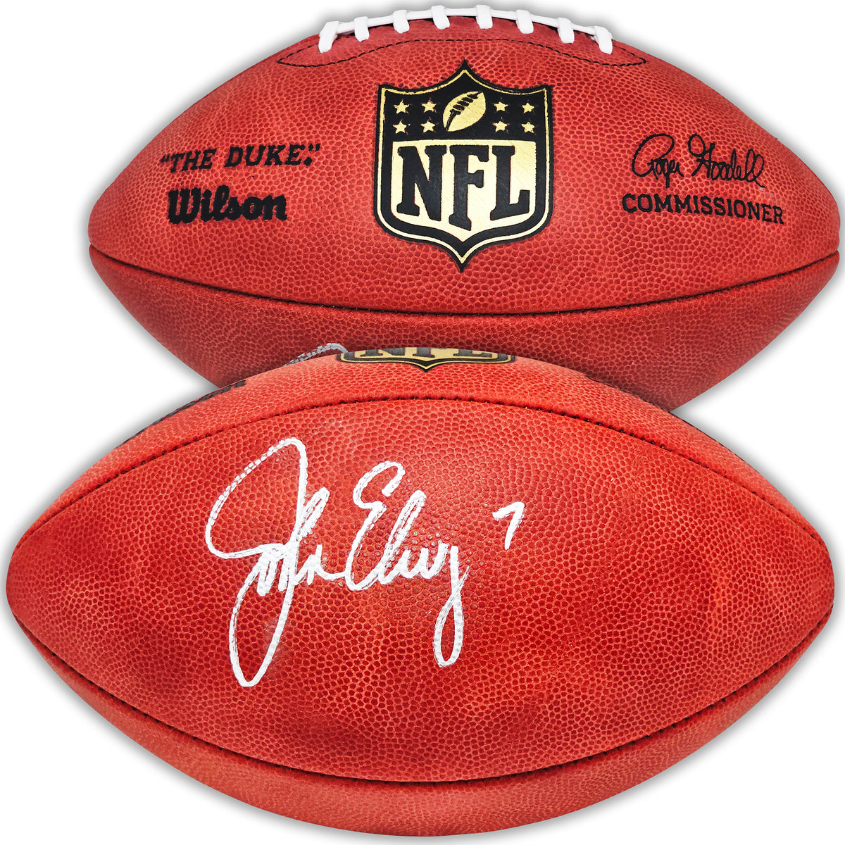 Red NFL football with 'The Duke' Wilson logo and autograph on a white background