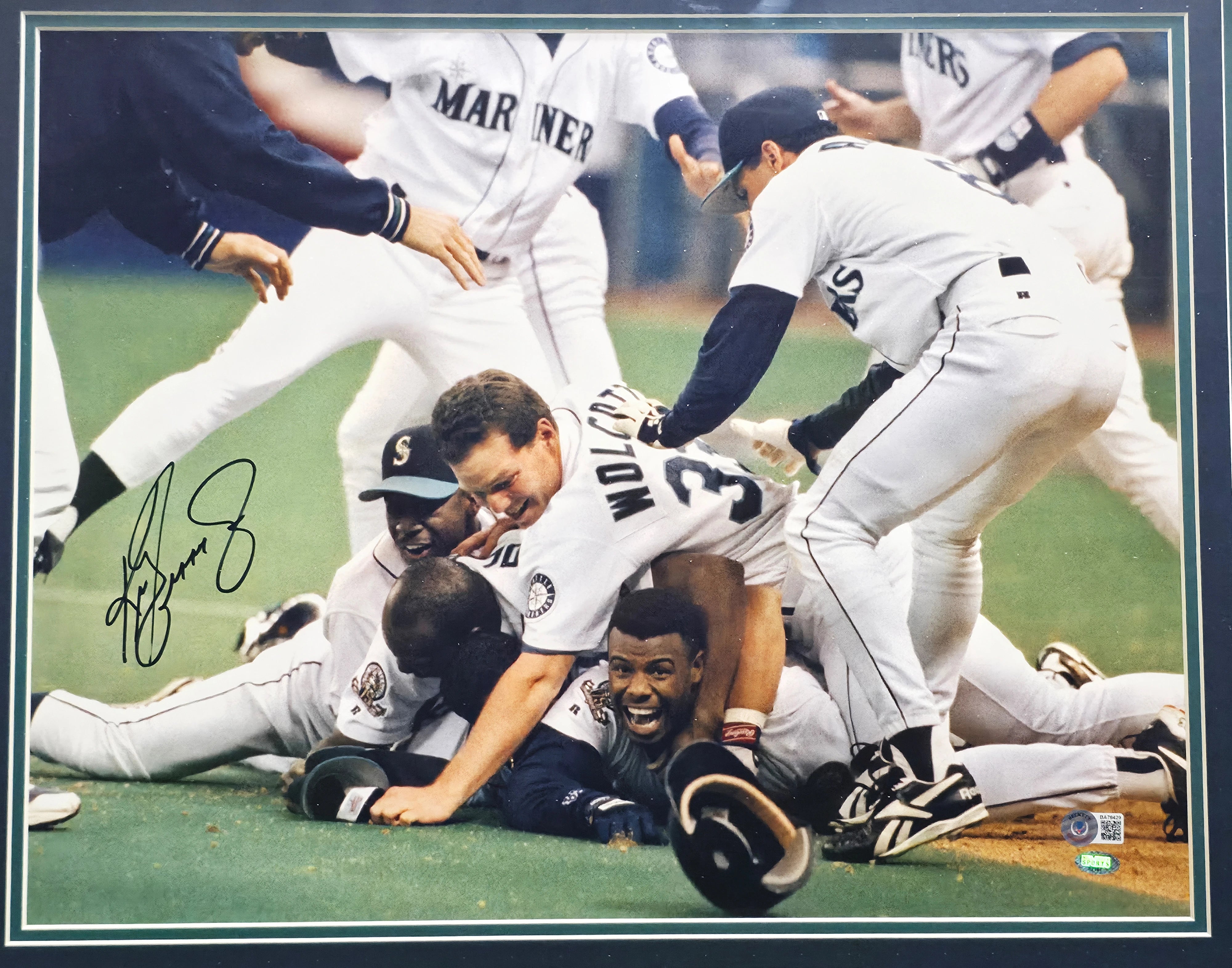 Ken Griffey Jr. Autographed Framed 16x20 Photo Mariners The Dogpile | Beckett BAS QR #BA78429