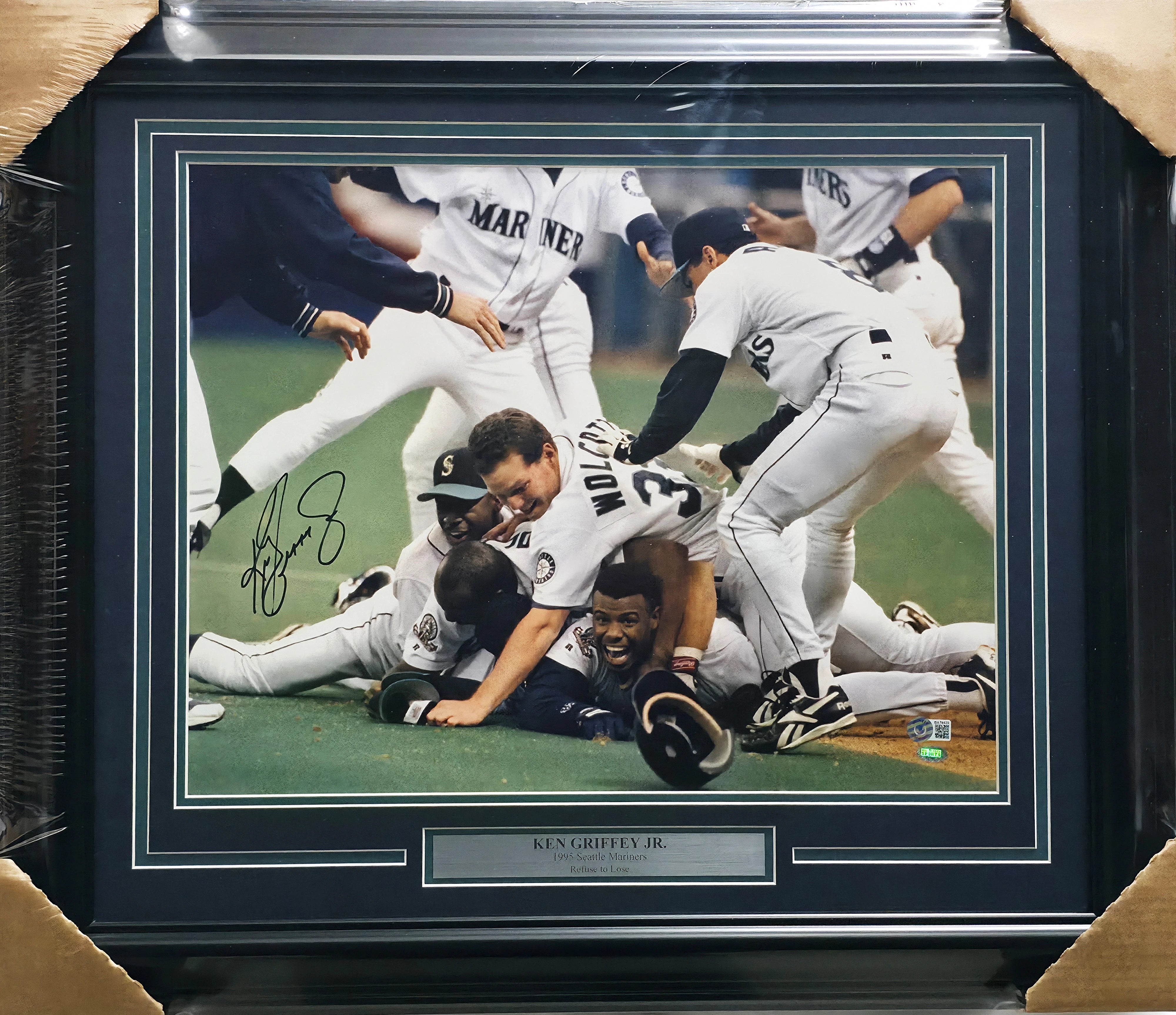 Ken Griffey Jr. Autographed Framed 16x20 Photo Mariners The Dogpile | Beckett BAS QR #BA78429