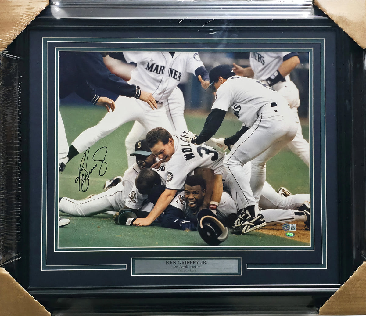 Ken Griffey Jr. Autographed Framed 16x20 Photo Mariners The Dogpile | Beckett BAS QR #BA78429