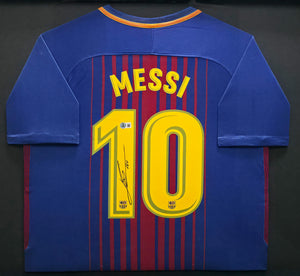 Lionel Messi Autographed Framed FC Barcelona Blue & Red Jersey | Beckett BAS Witness #2W114085
