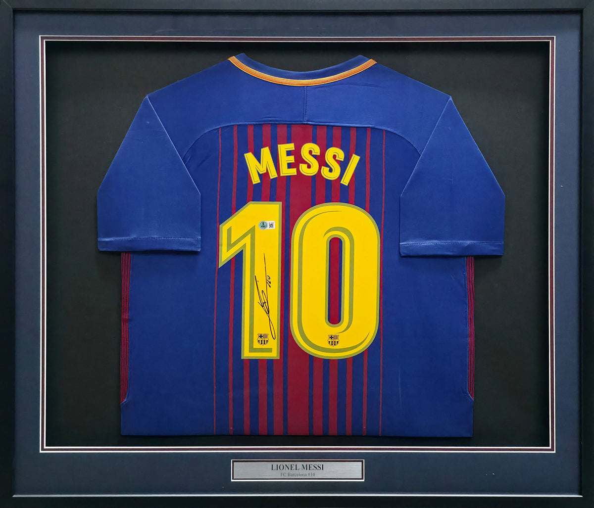 Lionel Messi Autographed Framed FC Barcelona Blue & Red Jersey | Beckett BAS Witness #2W114085