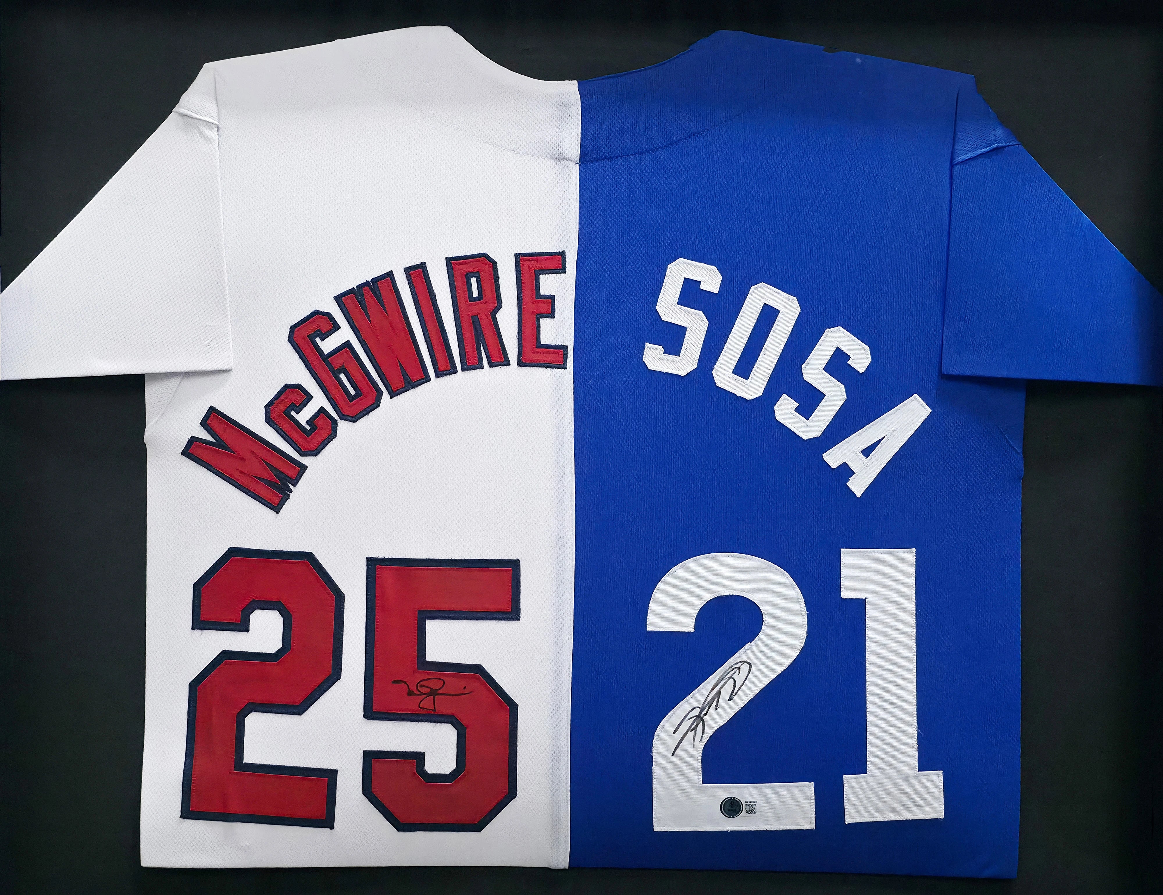 Mark McGwire & Sammy Sosa Dual Signed Framed Red White Blue Jersey | Beckett BAS Witness