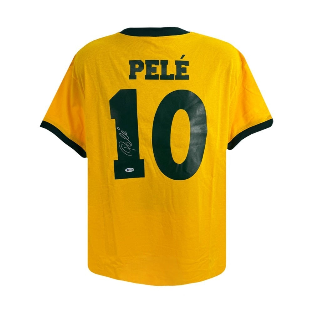 Pelé Autographed Brazil Yellow Soccer Jersey Silver Ink Beckett BAS COA