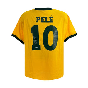 Pelé Autographed Brazil Yellow Soccer Jersey Silver Ink Beckett BAS COA