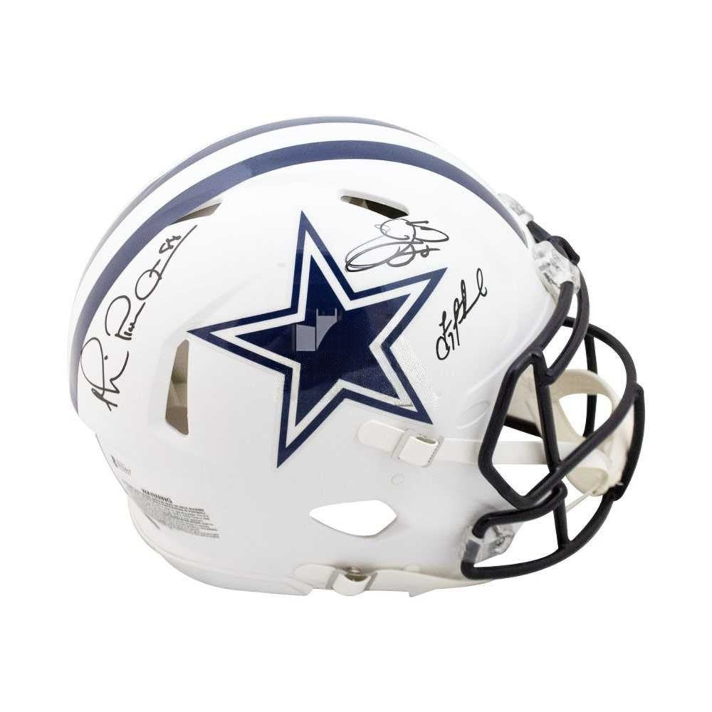Dallas Cowboys Triplets Autographed Flat White Proline Full-Size Football Helmet - BAS COA