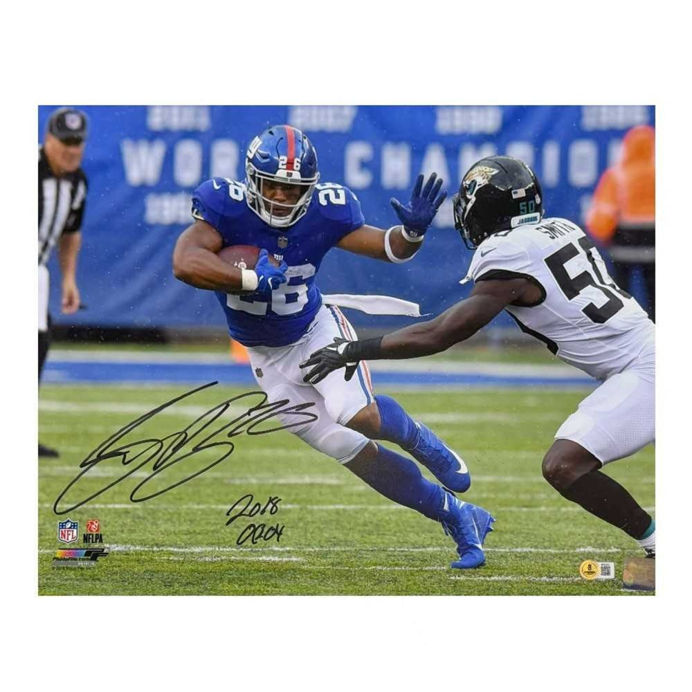 Saquon Barkley 2018 OROY Autographed New York 16x20 Photo - BAS (Stiff Arm)