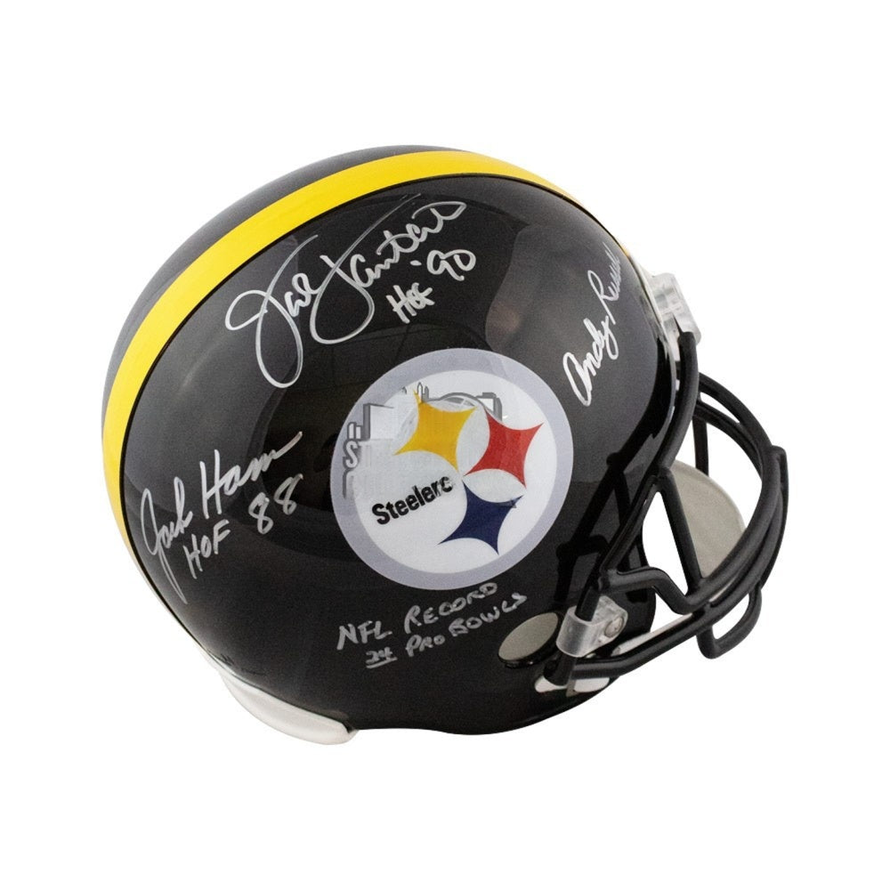 Steel Curtain Jack Ham, Jack Lambert, & Andy Russell Autographed Pittsburgh Steelers Riddell Full-Size Replica Helmet (Silver Ink, "24 Pro Bowls" Inscription) - JSA Witnessed
