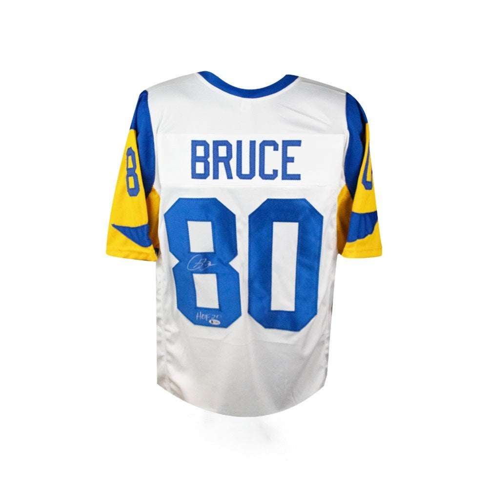 Isaac Bruce Autographed Custom White Football Jersey with "HOF 20" Inscription - Beckett BAS COA