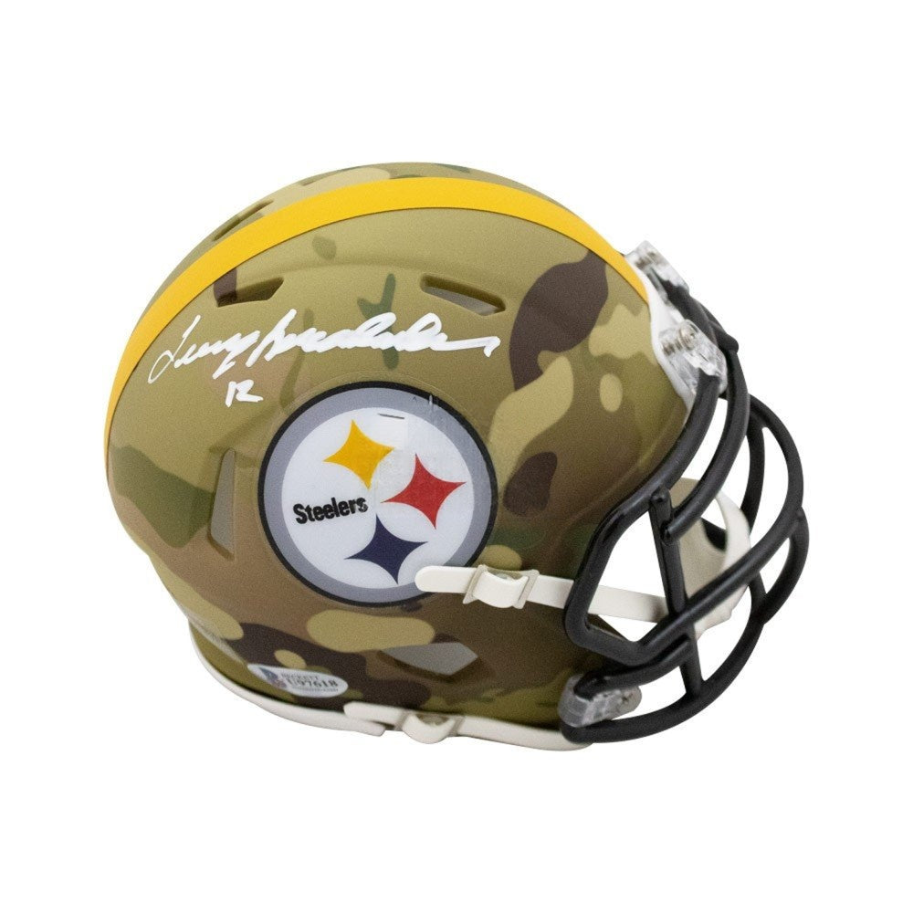 Terry Bradshaw Autographed Pittsburgh Steelers Camo Salute Mini Football Helmet - Beckett BAS COA